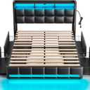 Rolanstar Queen Size Bed Frame with LED Lights and Charging Station, PU Leather Bed Storage Headboard & Drawers, Heavy Duty Wood Slats, Easy Assembly, Black