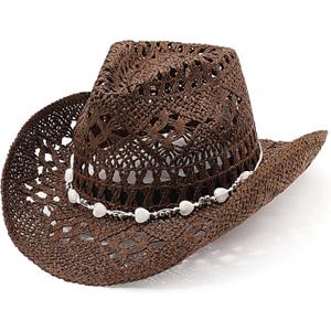 DRESHOW Straw Cowboy Cowgirl Hat for Women Men Western Coastal Cowboy Beach Hat with Shapeable Brim Unisex Rolled up Caps