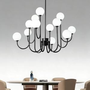 High Ceiling Living Room Chandeliers with Glass Globe Bubble,Large 12 Lights Black Modern Mid-Century Sputnik Light Fixture for Dining Room Master Bedroom Staircase Pendant Light