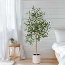 Olive Tree Artificial Indoor, 4ft Tall Silk Faux Olive Tree with White Planter, Artificial Plants with Natural Wood Trunk and Lifelike Fruits for Home Office Decor