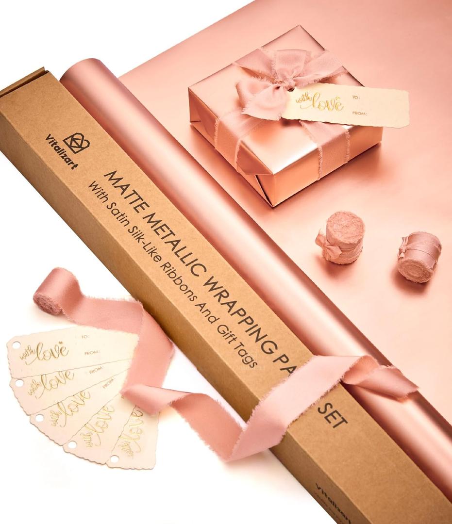 Vitalizart Pink Matte Metallic Wrapping Paper Set 30" With Silk Satin Ribbon & Gift Tags Christmas Gift Wrapping Birthday Baby Shower Wedding Bouquets Handmade Crafts 197"(16.4 Ft) Pink Ribbon