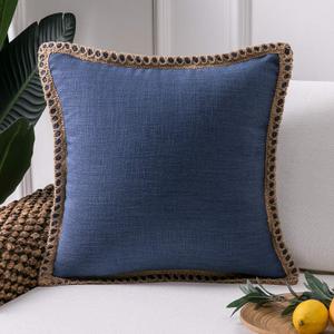 Phantoscope Farmhouse Solid Throw Decorative Pillow Cover Burlap Linen Trimmed Tailored Edges Outdoor Pillow Navy Blue 18 x 18 inches, 45 x 45 cm