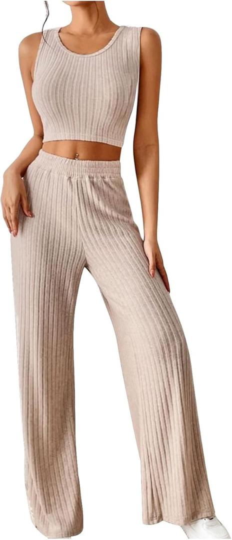 Firzero Womens Two Piece Outfits V Neck Knitted Sweater Sets Loungewear Matching Lounge Set Sweatsuit Spring Travel Vacation L