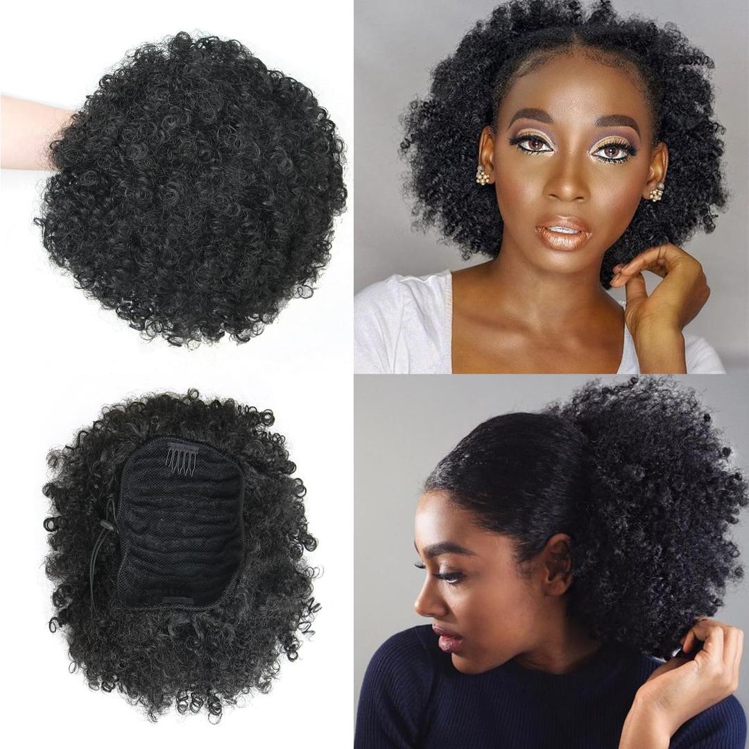 Afro Puff Drawstring Ponytail Extension for Black Women Short Afro Curly Ponytail Extension Clip On Kinky Drawstring Curly Ponytail Bun (1B#)