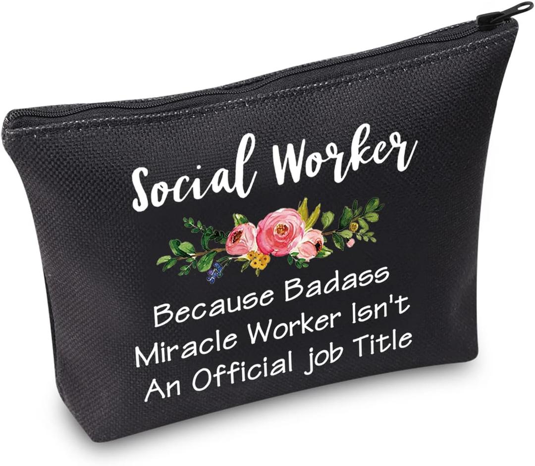 TSOTMO Social Work Appreciation Gift Social Worker Graduation Gift for Woman Because Badass Miracle Worker Isn't An Official Job Title Makeup Bag (Social Worker BLK)