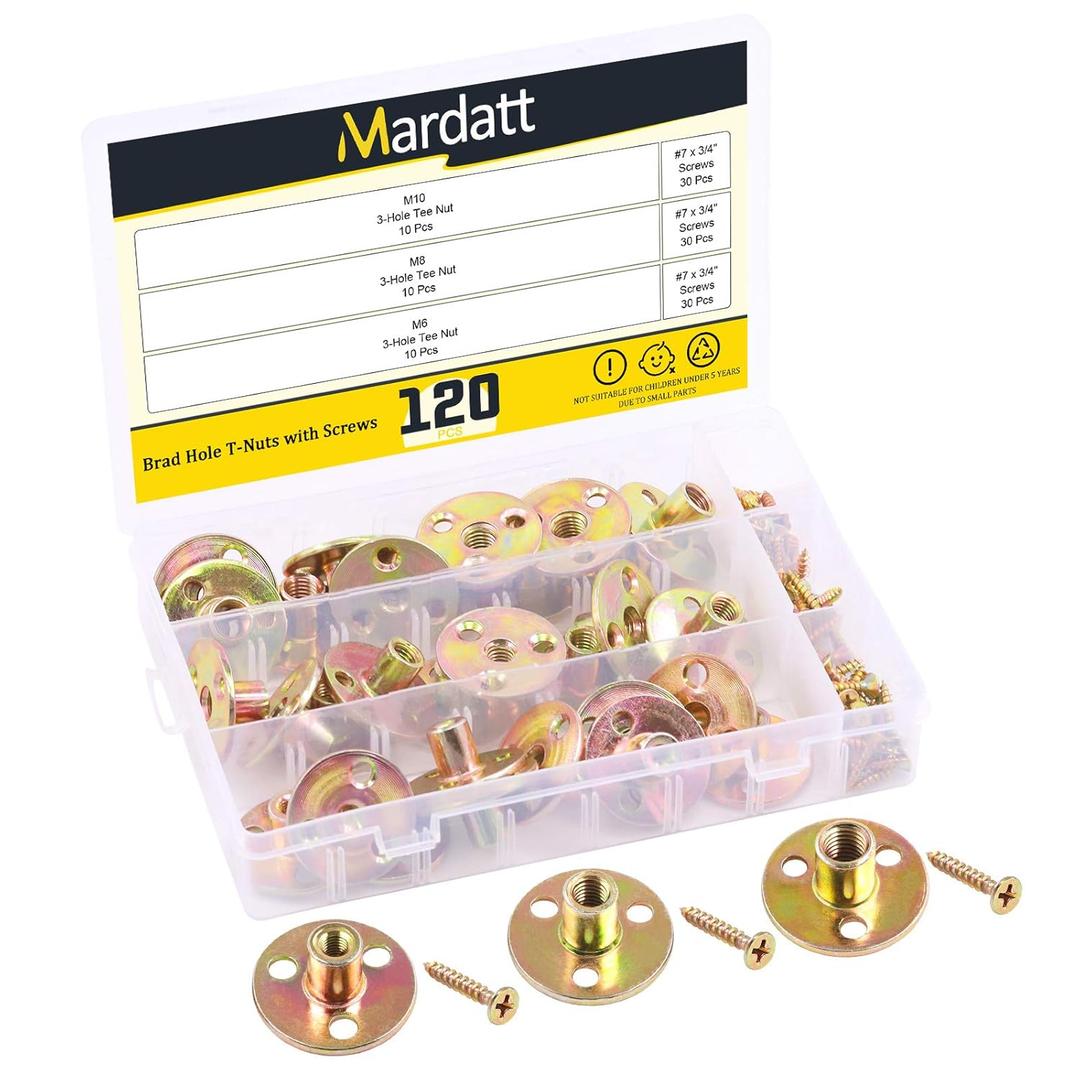 Mardatt 120Pcs Brad Hole Tee Nut with Screws Assortment Kit M6 M8 M10 Carbon Steel T-Nuts Zinc Plated Round Base Female Thread Screw-in Furniture Hardware