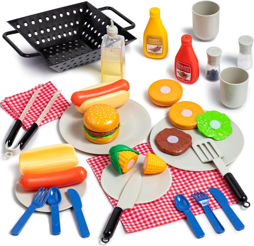 27 PCS Kids BBQ Grill Playset Backyard Barbecue Play Grill Toy Set for Toddlers, Play Food Sets for Kids Kitchen