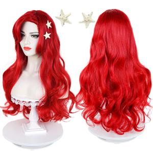 Red Curly Wig, Max Beauty Red Mermaid Cosplay Wigs for Woman with Starfish Hair Clips, Adult Long Hair Daily Wig Heat Resistant Synthetic Fiber for Halloween for Cosplay for Christmas (Red 1)