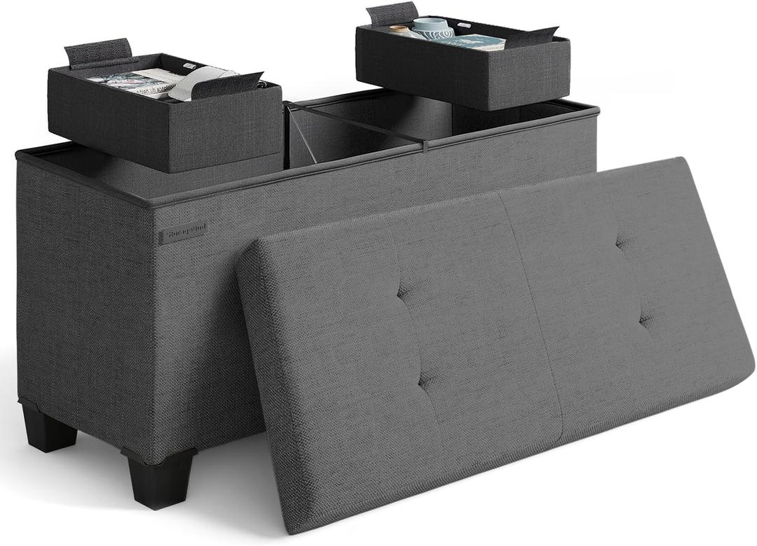 STORAGEBUD Storage Ottoman Bench with Bins, 30-in Storage Bench for Bedroom End of Bed, Folding Foot Rest Ottoman for Living Room Max 660lbs, Fabric Ottomans, Grey