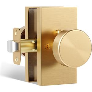 Satin Brass Door Knobs Interior with Lock, Modern Privacy Brushed Gold Brass Door Knob Door Handles Contemporary for Bathroom Bedroom Rectangle
