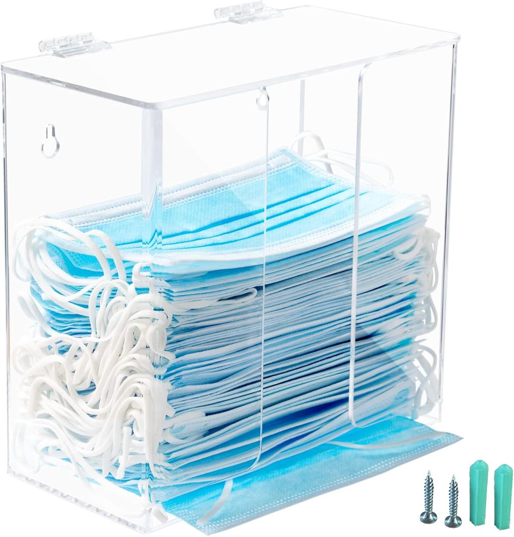 SEANADO Face Mask Dispenser Box Acrylic Glove Holder Hygiene Station with Lid for Disposable Emesis Bag, Shoe Cover and HairnetWall Mount Holes or Tabletop Holder