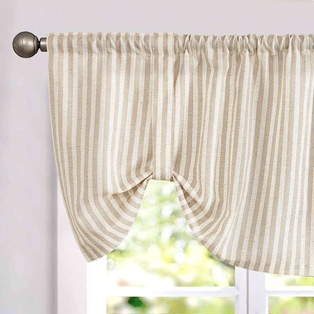 jinchan Tie Up Linen Textured Striped Bow Tie Curtain for Kitchen Bathroom Rod Pocket Pinstripe Valance Window Treatments Ticking Stripe Pull Cord Valance 1 Panel 18 Inch Tan on Beige