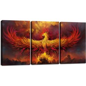Yetaryy Fantasy Wall Art Canvas Prints Golden Red Burning Phoenix Volcanic Ancient Mystic Animal Birds Living Room Bedroom Home Decor Wall Decoration 3 Panels Wood Framed Poster - 60" W x 28" H