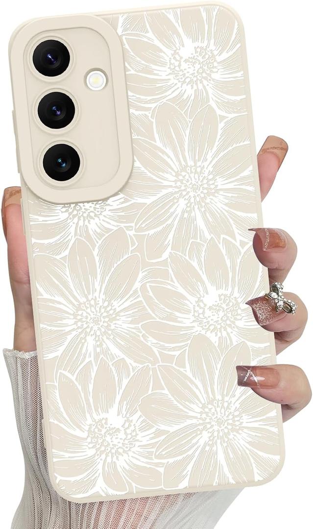 MZELQ for Samsung Galaxy S24 Fe Case, Silicone White Floral Flowers Sunflowers Cute Pattern, Camera Protection Soft Slim Phone Case for Girls Women -White