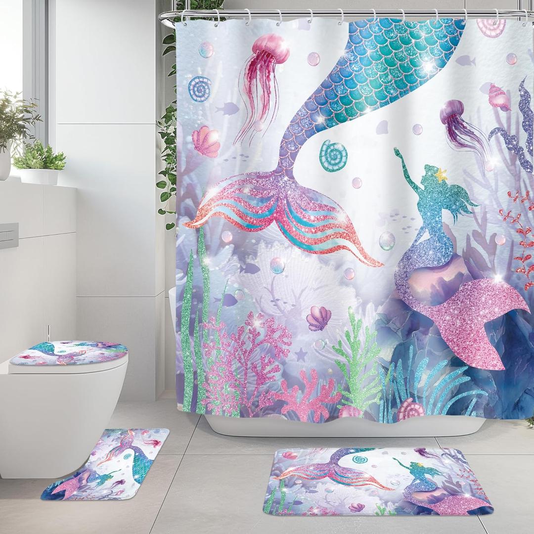 Riyidecor Mermaid 4Pcs Bathroom Shower Curtain Sets Cute Girls Kids Ocean Bathroom Decor Set with Rugs and Accessories Green Purple Fish Coral Toilet Lid Rug, Contour and Bath Mat with 12 Hooks