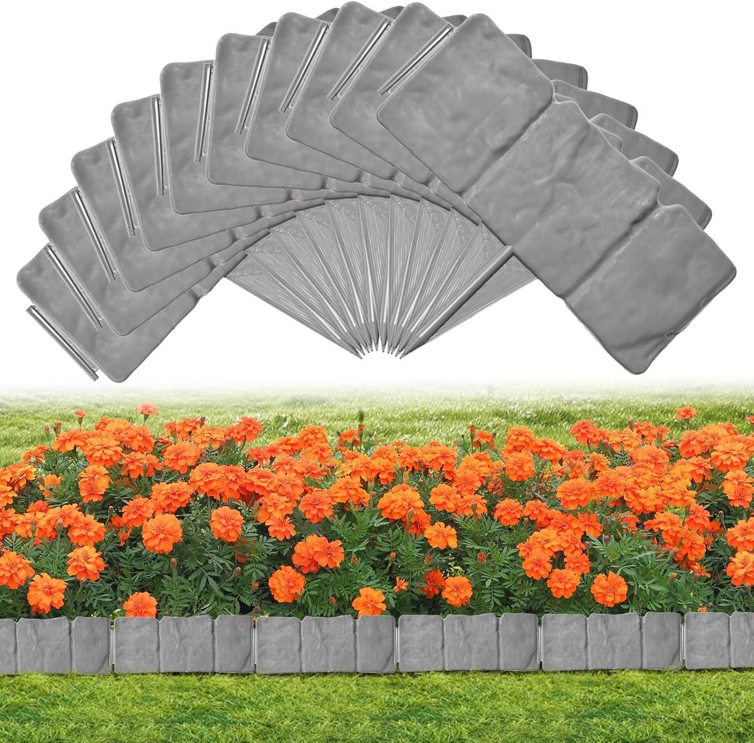 Garden Landscape Edging Borders No Dig,16 ft Lawn Edging for Landscaping,Plastic Fencing Lawn Border,Imitation Stone Fence for DIY Outdoor Patio Balcony Yard Landscaping (20pcs, Gray)