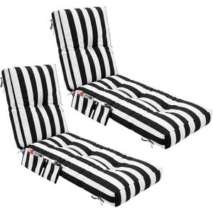 Kigley Outdoor Chaise Lounge Cushions with Side Pocket 76x22x6 Thick Tufted Waterproof Patio Pool Lounge Chair Replacement Cushion Fade Resistant Cushion for Furniture Lawn(2 Pcs,Black White,Striped)