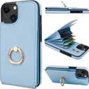 Folosu Compatible with iPhone 14 Case Wallet with Card Holder, 360Rotation Finger Ring Holder Kickstand, RFID Blocking Leather Protective Double Buttons Shockproof Cover 6.1 Inch Blue