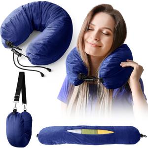 Stuffable Neck Pillow for Travel, Neck Pillow for Extra Luggage Storage Ideal 1-3 Days Travel Essentials, Adjustable U-Shapes Airplane Pillow Size, Soft Velvet Cover, No Filler, Blue