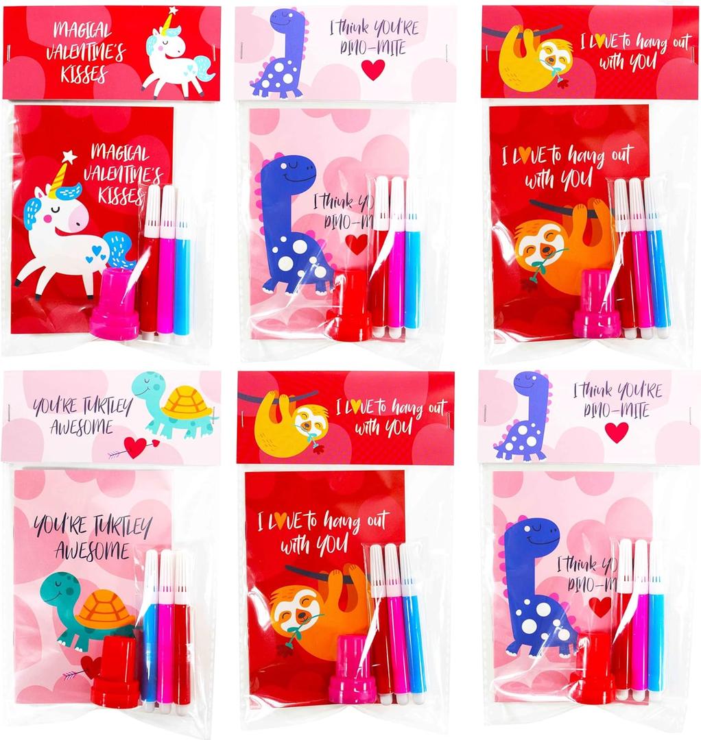 SUNCOLOR 28 Pack Valentines party favors for Kids School Classroom Exchange - Complete Non-Candy Kit with Cards, Activity Books, Stamps, Markers & Goodie Bags