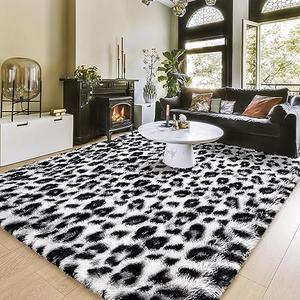 Amearea Fluffy Leopard Print Rug, Modern Shag Cheetah Rugs Home Decor for Teen Girls, Soft Comfy Faux Fur Animal Rug for Bedroom, Living Room, Plush Cheetah Print 70s Decor, White and Black 3x5 Feet