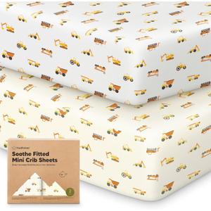 2-Pack Mini Crib Sheets Fitted - Pack N Play Sheets for Pack and Play Mattress, Organic Cotton, Soft & Breathable Jersey Playard Bedding, Neutral Mini Toddler Bed Cover for Boys, Girls (Construction)