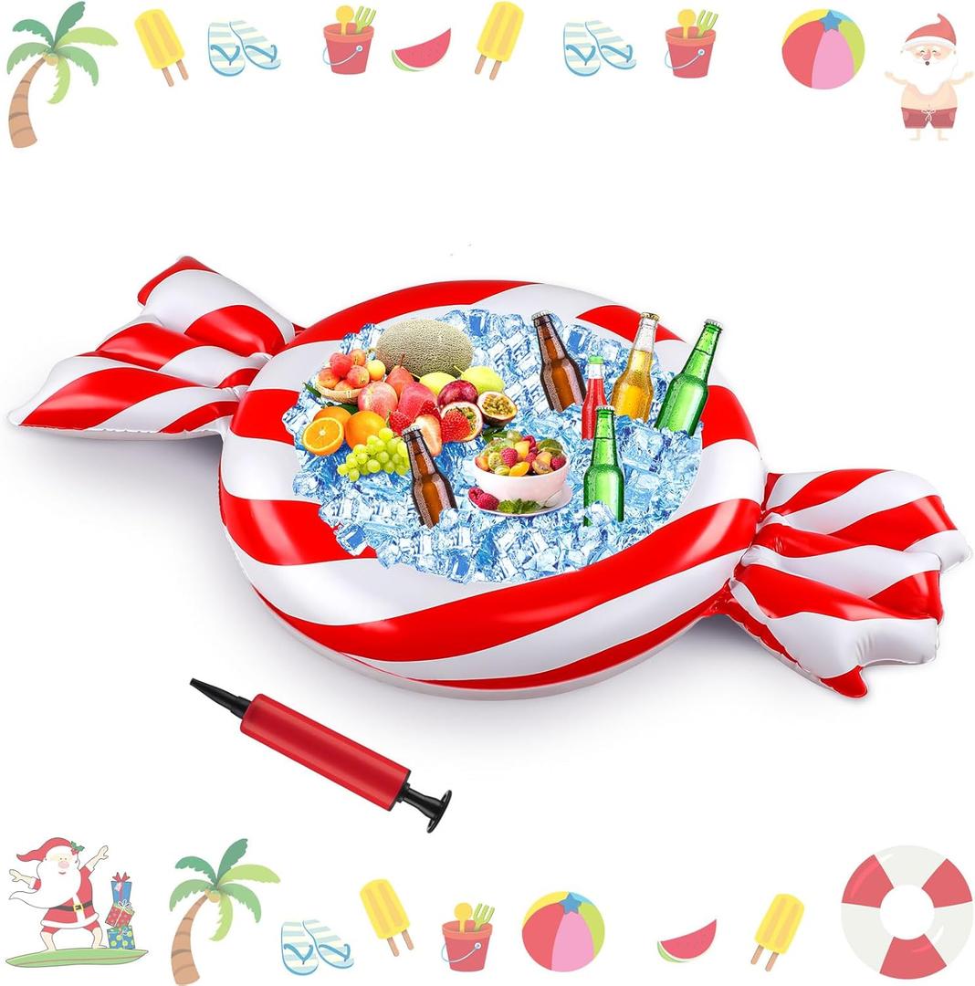ShinyRelief Christmas Inflatable Coolers 51x32 Inch Peppermint Candy Ice Bar Drink Beverage Blow up Cooler Christmas Decorations for Pool Home Lawn Holiday Garden Winter Party Supplies