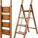 BIBKOKE Step Ladders Folding 4-Step Woodgrain Finish Aluminum Foldable Step Stool, Anti-Slip Portable Sturdy for Home & Kitchen Office 330 lbs