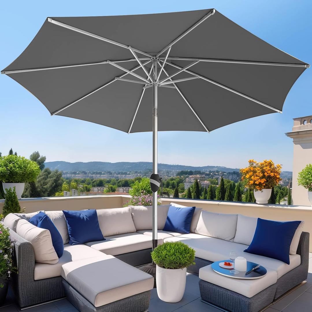 Wikiwiki 9 FT Aluminum Outdoor Patio Umbrella, 5-YEAR Fade-Resistant Outdoor Market Table Umbrella with Push Button Tilt, for Pool, Deck, Garden and Lawn, Grey