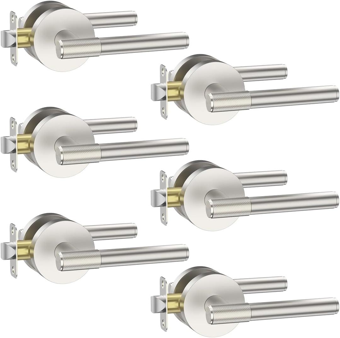 Asidrama 6 Pack Passage Brushed Nickel Door Handles, Door Lever with Door Knobs Indoor for Bedroom or Bathroom, Heavy Duty Door Handles Interior with Locks for Left Right Sided Doors