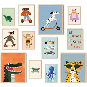 Aroutde 12Pcs Baby Nursery Room Decor, Cartoon Animal Playroom Canvas Wall Art Kids Transport Inspirational Quotes Posters Colorful Printing for Boys and Girls Room DecorUnframed