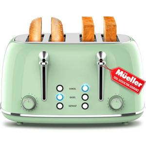 Mueller Retro Toaster 4 Slice with Extra Wide Slots Bagel, Defrost, and Cancel Function, 6 Browning Levels, Dual Independent Controls, Removable Crumb Tray and High Lift Levers, Sage Green