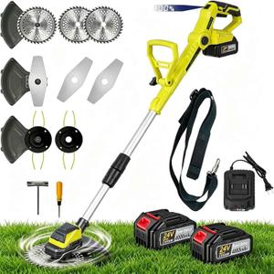 Electric Weed Wacker - 24V Battery Powered Weed Cordless Eater with 2 x 4.0Ah Batteries and Charger 3, Types Blades Brushless Electric Brush Cutter/Grass Trimmer for Yard Garden