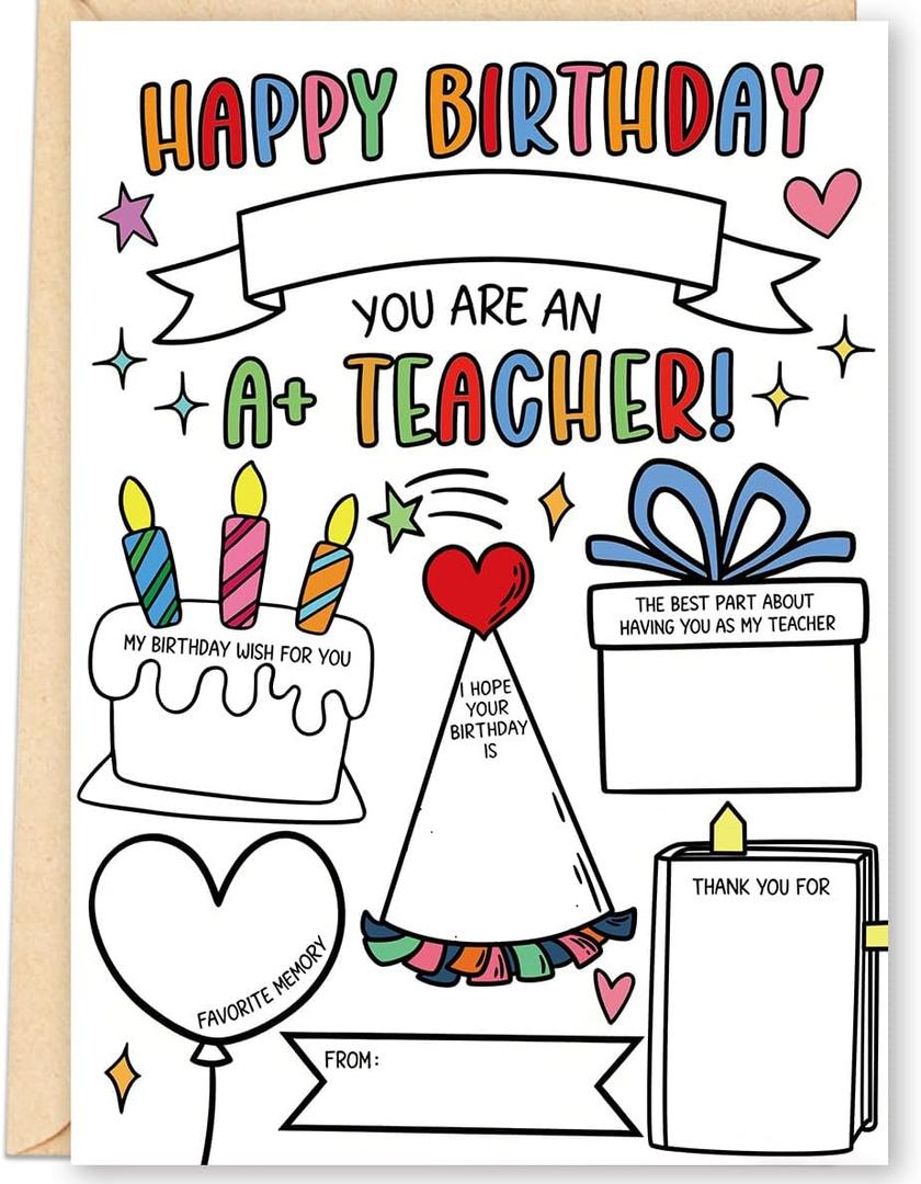 4 x FANCYLUCKY Fill In The Blanks Teacher Birthday Card, Happy Birthday Gift for Teacher from Student, Teacher Appreciation Birthday Gifts for Women Men