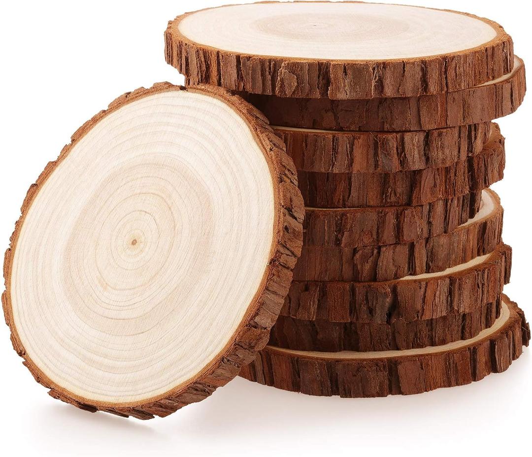 Fuyit Unfinished Wood Slices for Centerpieces, 10Pcs 4.7-5.1 Inch Natural Wooden Round Discs with Bark for Rustic DIY Crafts, Table Base, Wedding Decoration