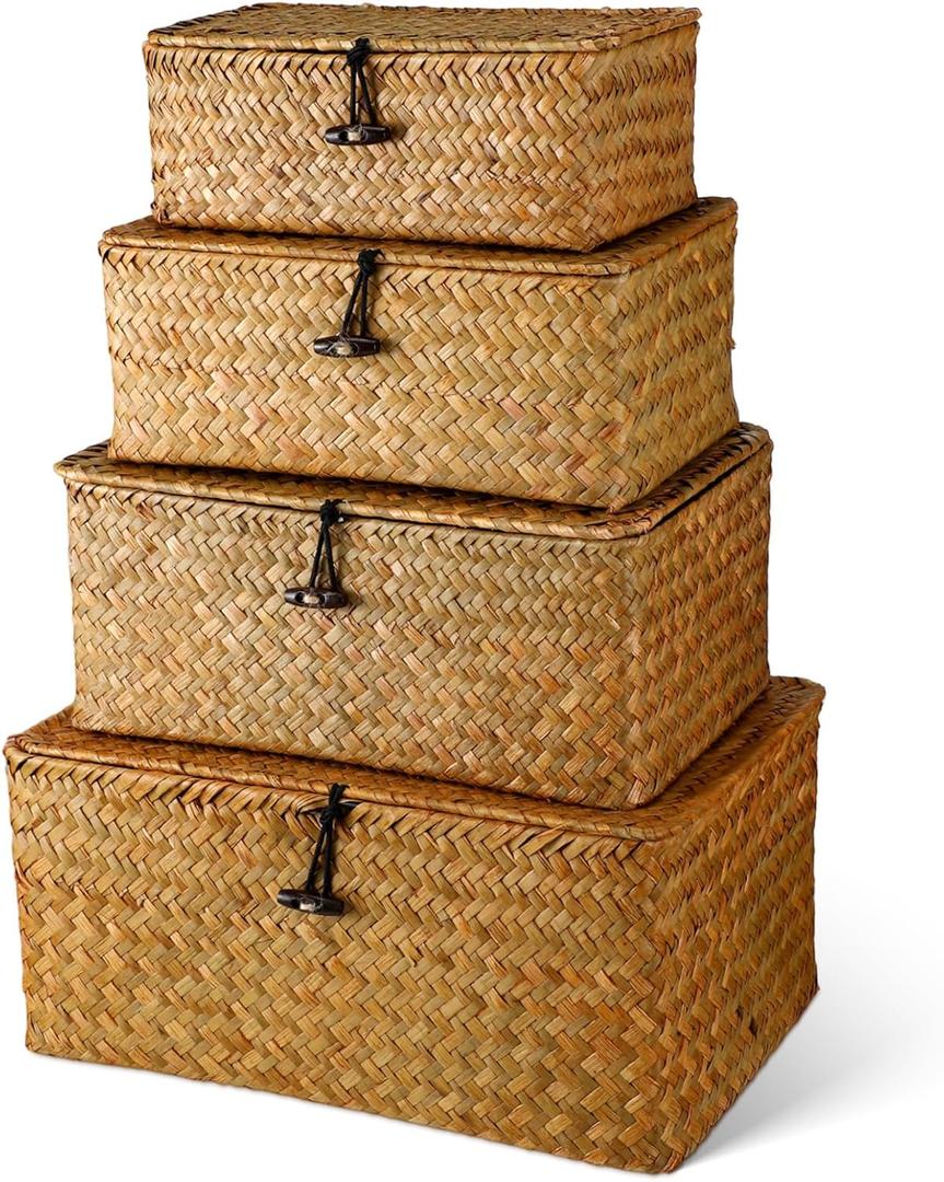 Woanger Set of 4 Wicker Storage Baskets OrganizerHandwoven Storage Bins with Lid for Organizing, Home Utility Box for Home Office Supplies Multipurpose Container(Orange)