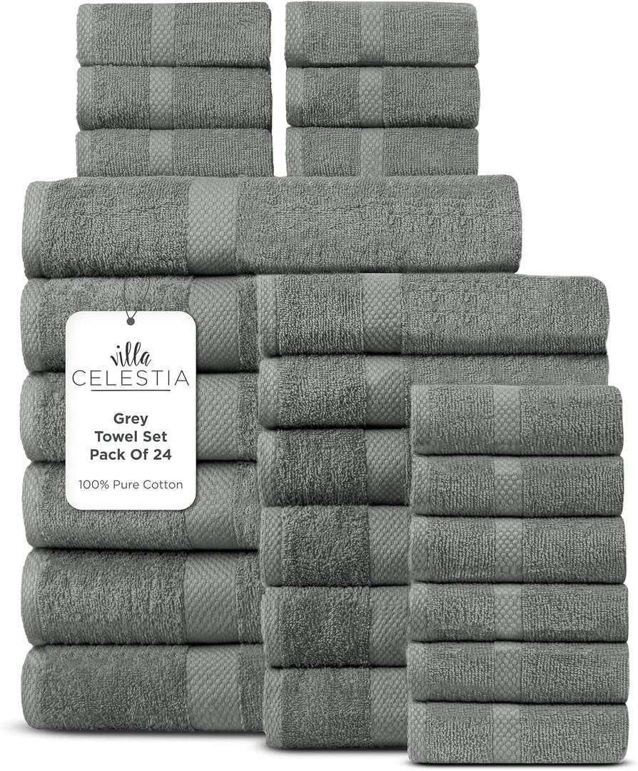 100% Cotton Bath Towel Set of 24-6 Bath Towels, 6 Hand Towels, 12 Wash Cloths, Sustainable, Soft, Highly Absorbent, Combed Cotton 24 Piece Set for Hotels, Spa, Bathroom, Dorm, Grey, Towel Set - Pack of 24