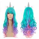 JOHOUSE 27.5 Inches Rainbow Hair Wig, Cosplay Wig Headpiece for Costume Cosplay Party Halloween, Full Long Curly Wavy(Green)