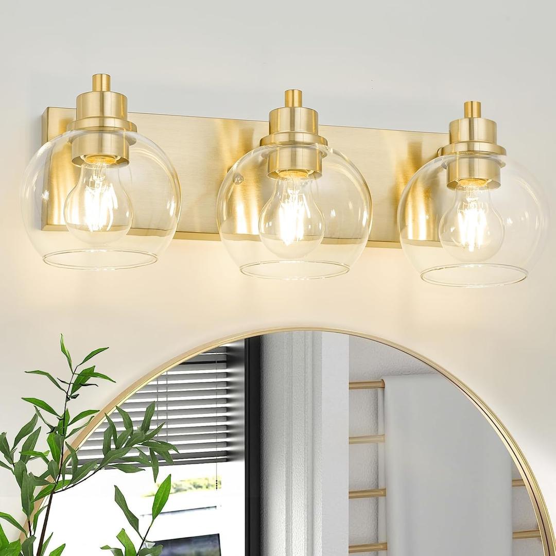 Tuscarora Bathroom Light Fixtures Gold Vanity Light 3 Light Wall Sconces Lighting Brushed Brass Bathroom Lights Bath Wall Lights Wall Lamp for Mirror (Brushed Gold & Clear Glass)