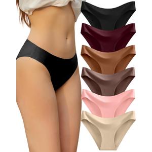 FINETOO 6 Pack Womens Seamless Hipster Underwear No Show Panties Invisibles Briefs Soft Stretch Bikini Underwears XS-XL (Large, Solid 12)