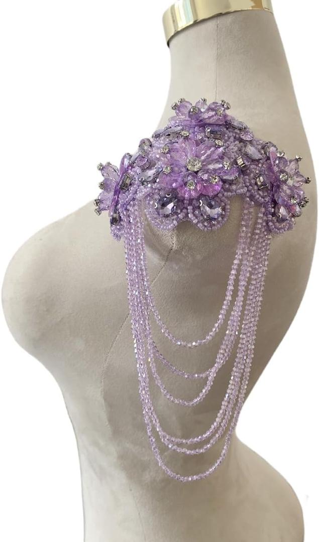 Handmade 3D Three-Dimensional Flower Rhinestones Applique Sewing Crystal Fringe Beads Sequins Patches Accessory for Wedding Dresses DIY Decorative 6X10inches 1PCS/Bag (Light Purple)
