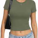 EasyGala Womens Cotton Ribbed Crop Top Crew Neck Short Sleeve Shirt Fitted (Green, L)