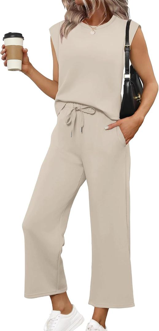 SAMPEEL Two Piece Sets for Women Casual Travel Vacation Outfits Summer Wide Leg Crop Pants Lounge Sets (Beige, L)
