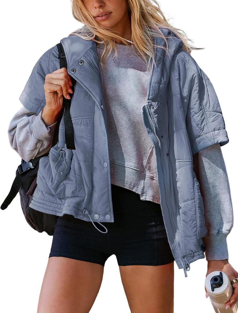 Zhiyouni Women's Quilted Puffer Vest Casual Hooded Short Sleeves Padded Jacket Poncho Outerwear (X-Large, Blue grey)