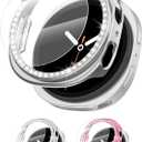 [2+2Pack Bling Diamond Case for Samsung Galaxy Watch 8 Screen Protector 44mm Women, Glitter Rhinestone Protective Hard PC Bumper Covers for Galaxy Watch 8 Case 44mm Cover Accessories (06-Pink/Silver)