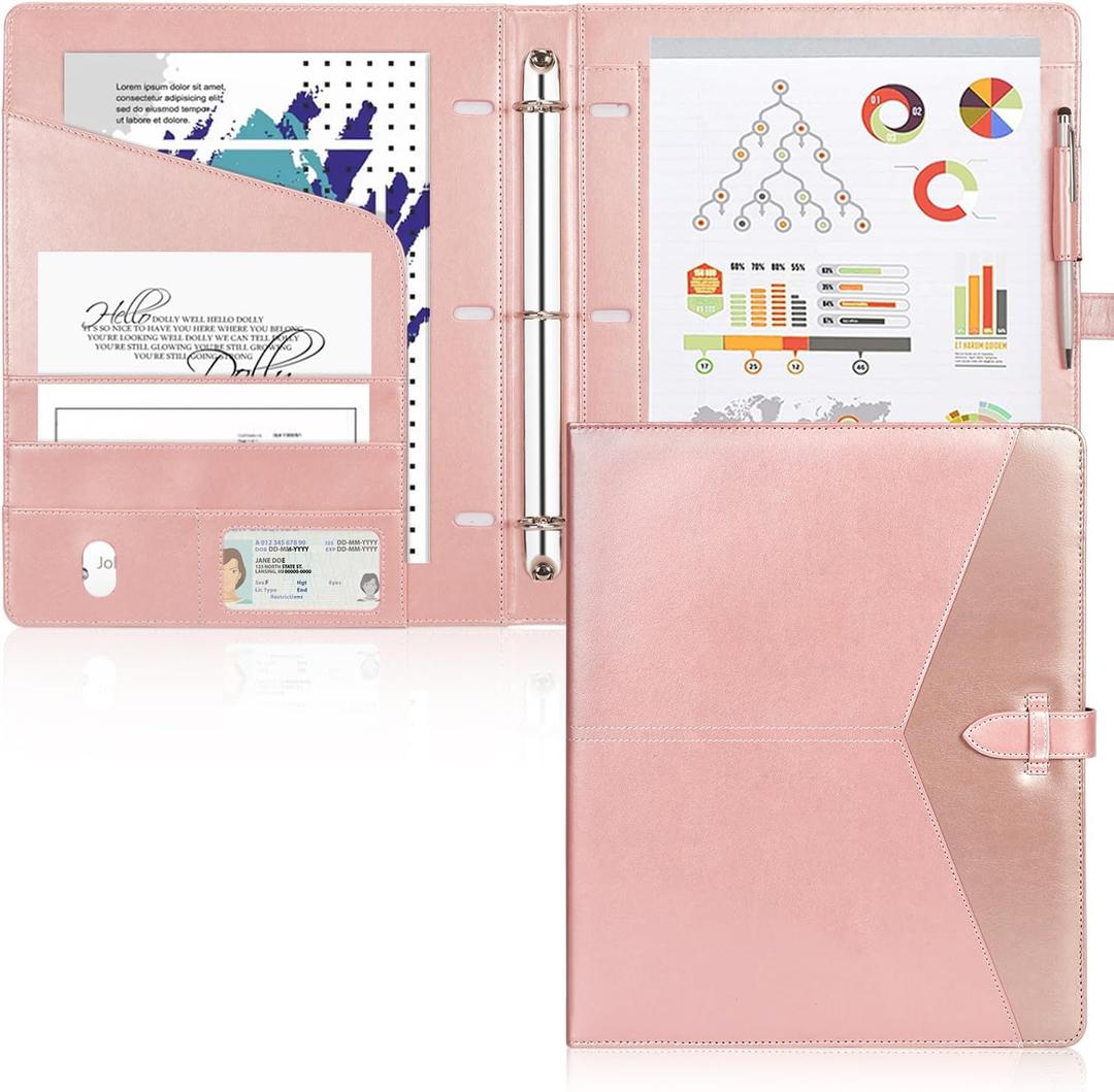 Toplive Padfolio 3 Ring Binder Organizer for Women, Business Portfolio for Women A4 Letter Size PU Leather Folder for Interview Conference Presentation, Rose Gold