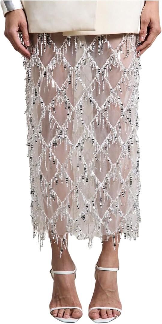 MakeMeChic Women's Sequin Midi Skirts Sheer Fringe Glitter Sparkly Party Club Cover Up Pencil Skirts (X-Large, White)