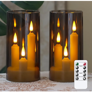 3 in 1 Flameless Taper Short Candles with 10 Key Remote Control and Timer, Battery Operated Pack of 2 LED Acrylic 3" x6" Grey Pillar Flickering Warm Light