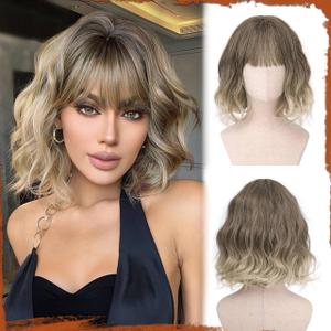 iAelev Ombre Blonde Curly Bob Wig with Bangs Short Wavy Wigs for Women Bob Style Synthetic for Everyday Hairstyle 12 Inch wig for Daily Party Use