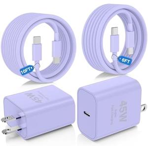 45W Super Fast Charger Type C for Samsung Galaxy S25/S24/S23 Ultra, USB C Android Phone Charger with 6FT/10FT Type C Cords for Galaxy S25/S24/S23+/S22 Plus/S20,iPhone 17/16/15 Pro Max-Purple, 1 Cord, 2 Plugs